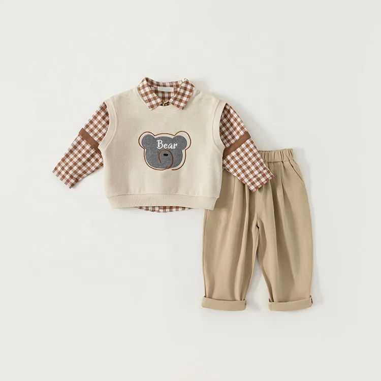 Wholesale customized kids wear 3-10 years Classic Plaid Shirt Little Bear Vest causal pants three piece boys suit set