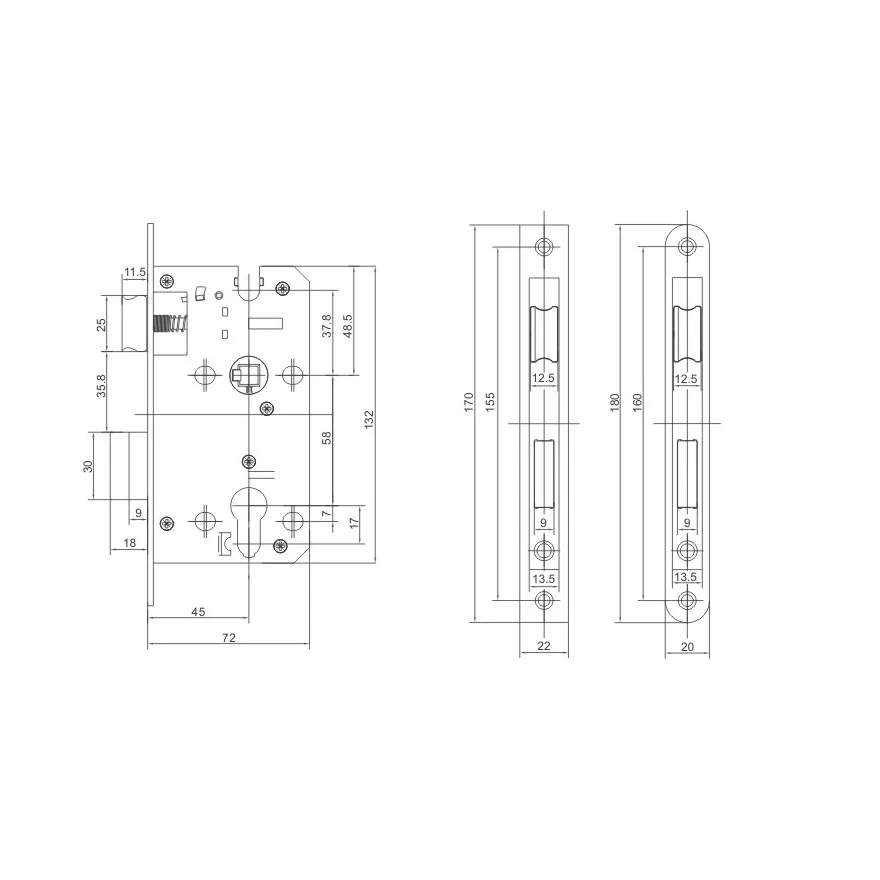5845 mm Distance Stainless Steel Mortise Lock Door Lock Body In High Security Standard