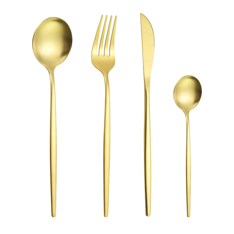 Luxury Flatware Portuguese Cutlery 4 Pcs Set Gold  Stainless Steel Matt Polish Plated Spoon Fork and Knife Silverware