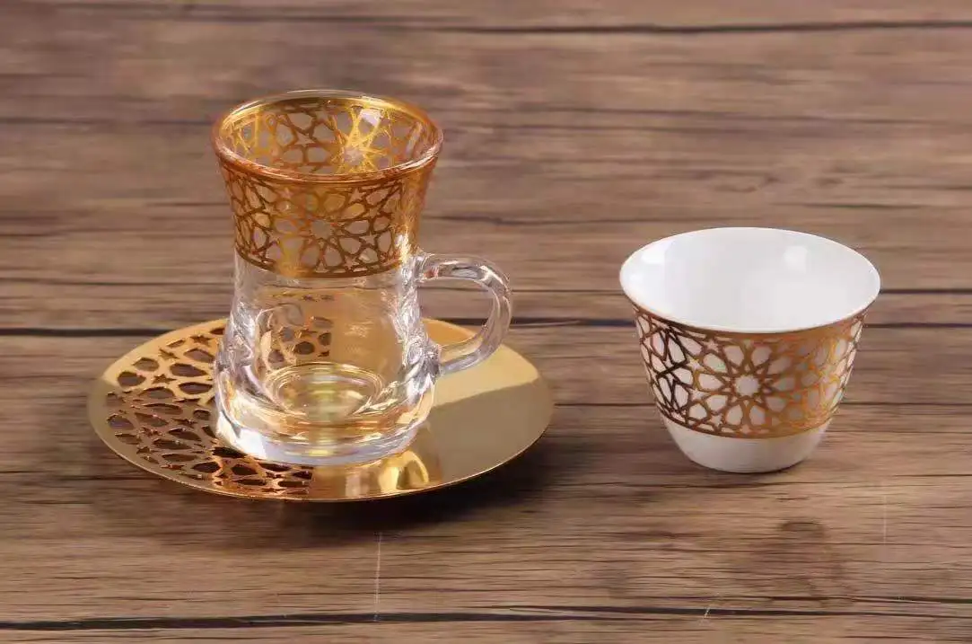 QIAN HU  Vintage Gift Set Classic Gold Plated Turkish  Glass Coffee Cups and Saucers Set Tea Set for Afternoon Tea