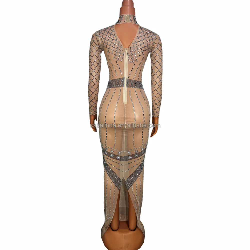 Sexy Nude Mesh Transparent Silver Rhinestones Dress Women Evening Birthday Celebrate Costume Stage Dancer Performance Outfit