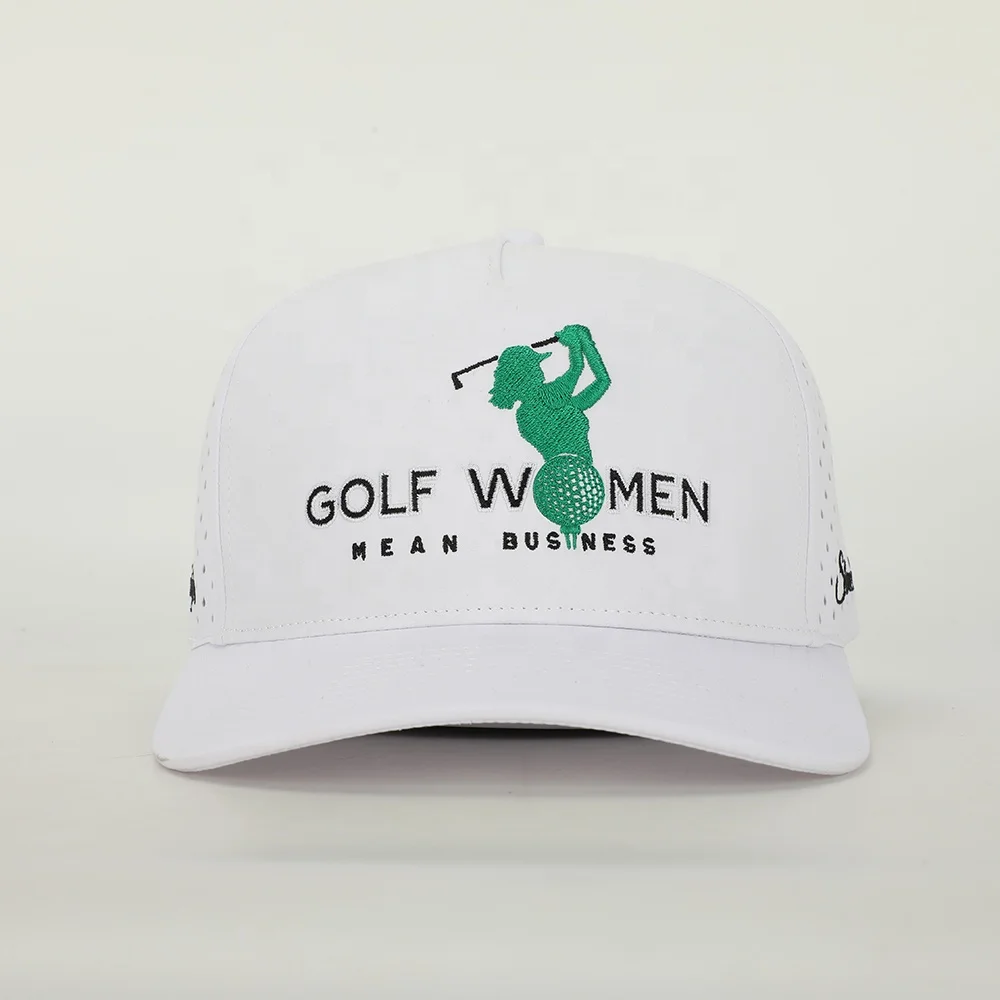 Wholesale Custom 5 Panel Outdoor Sport Hat High Quality Embroidery Logo White Polyester Golf Gorras Laser Cut Hole Baseball Cap