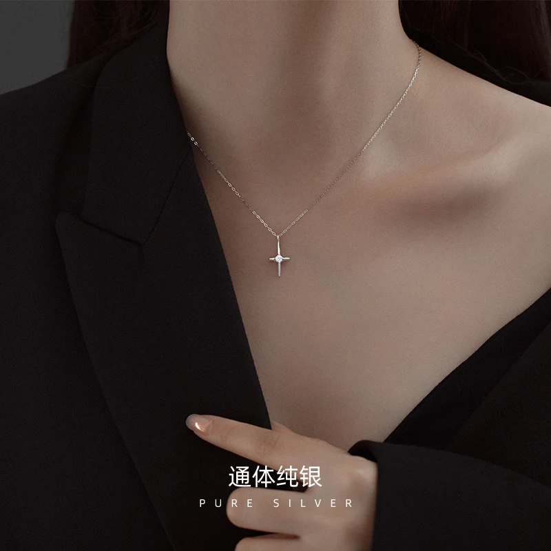 Fashion simple cross pendant necklace jewelry 925 sterling silver zircon crystal necklace women