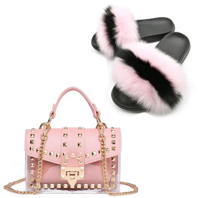 Шлепанцы женские с мехом лисы, милые пушистые меховые тапочки, Желейная сумка на плечо, комплект обуви, пляжные меховые сандалии через плечо