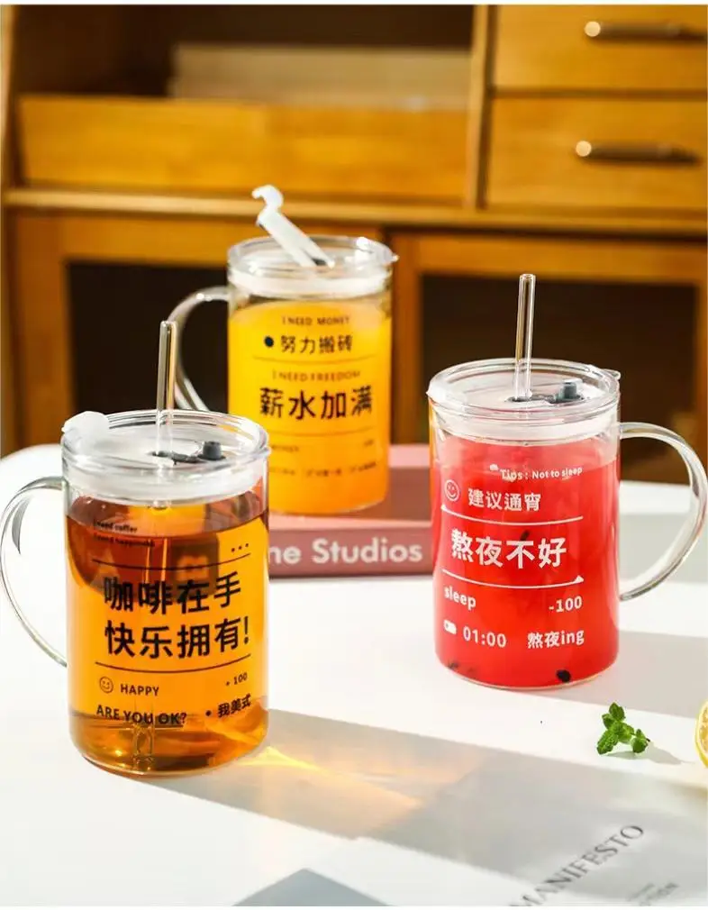 1000 ml High borosilicate glass cup with lids and straws,large belly cup, milk cup, heat-resistant glass handle cup