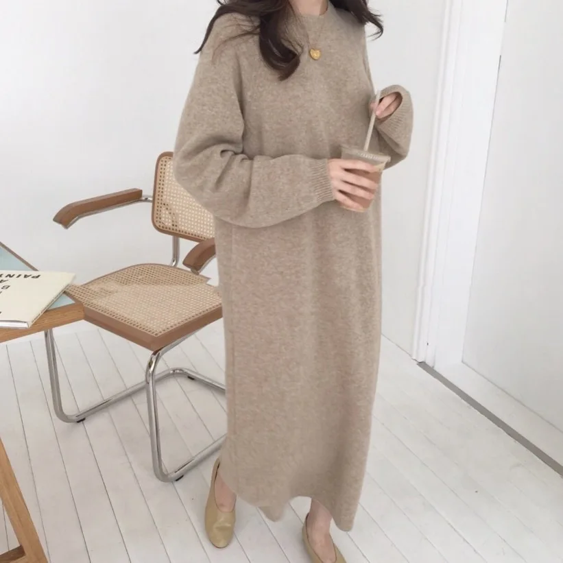 Custom Hot Sale Korean Fashion Lady Winter Thick Warm Loose Casual Dresses Women Knit Pullover Maxi Long Sweater Dress