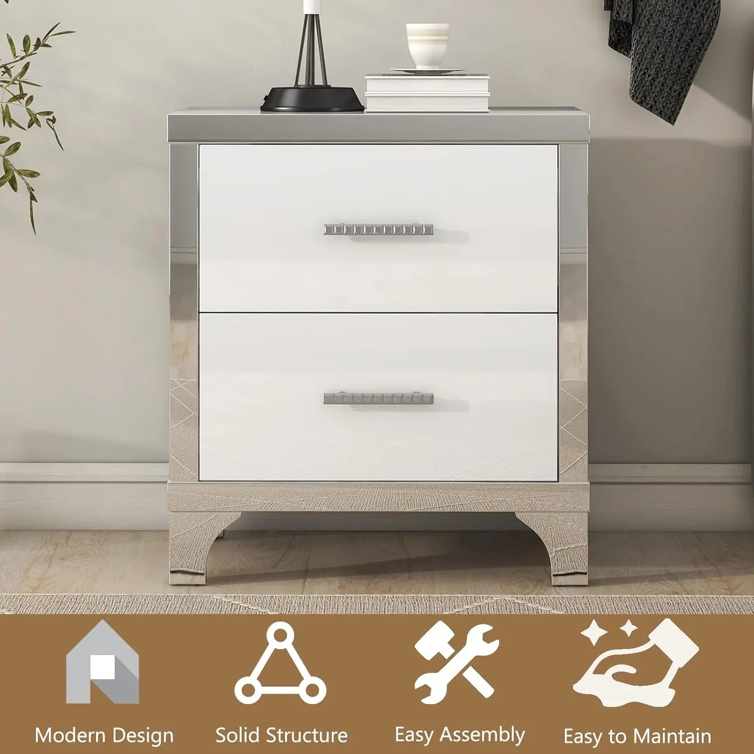 Modern Bedroom End Table Sofa Side Table Elegant High Gloss White Nightstand Mirrored 2 Drawer Bedside Table