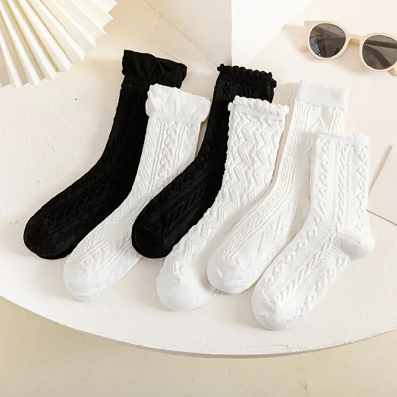 Korean Style Lolita Lace Middle Tube Solid Color Girl Socks White Frill Ruffle Cotton Fashion Socks