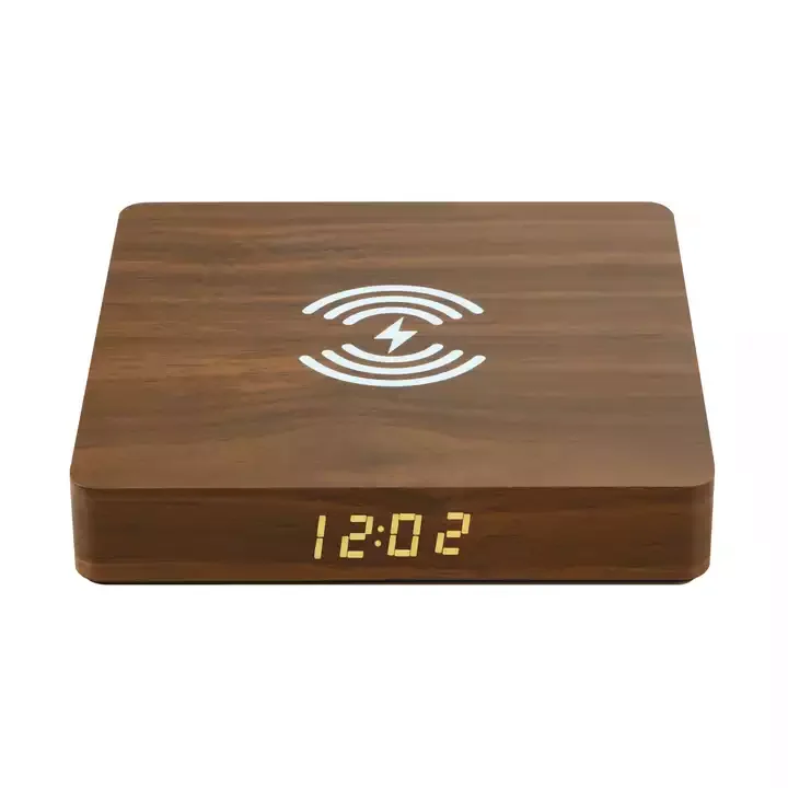 Custom Eco-friendly Wooden Grain Portable 10w Qi Fast Charging Phone Charger Led Digital Alarm Clock