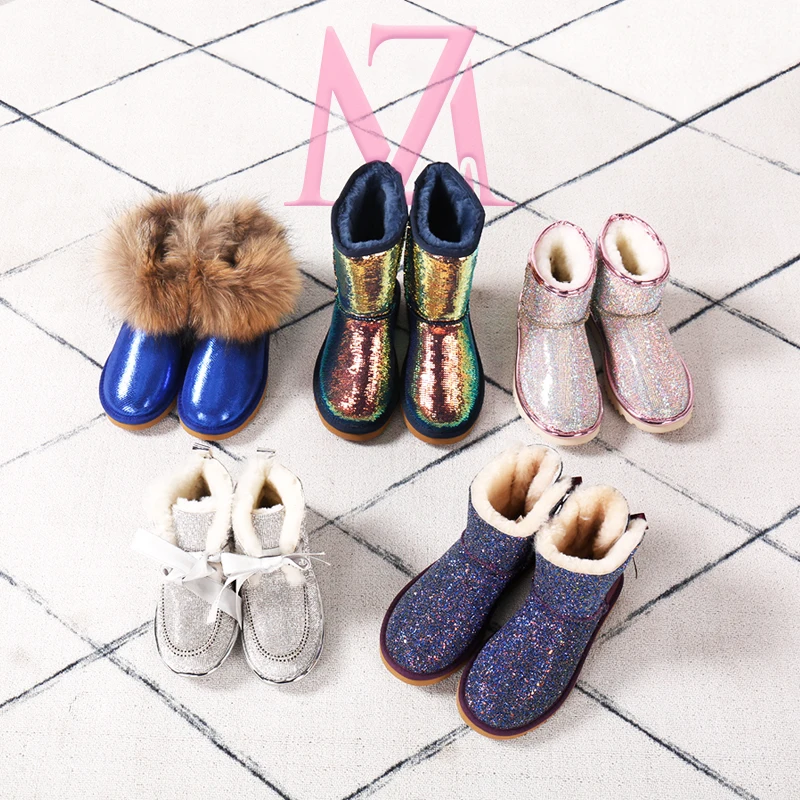 USA 2020 waterproof real Australian sheepskin fox raccoon fur lined winter snow boots shoes for women kids children