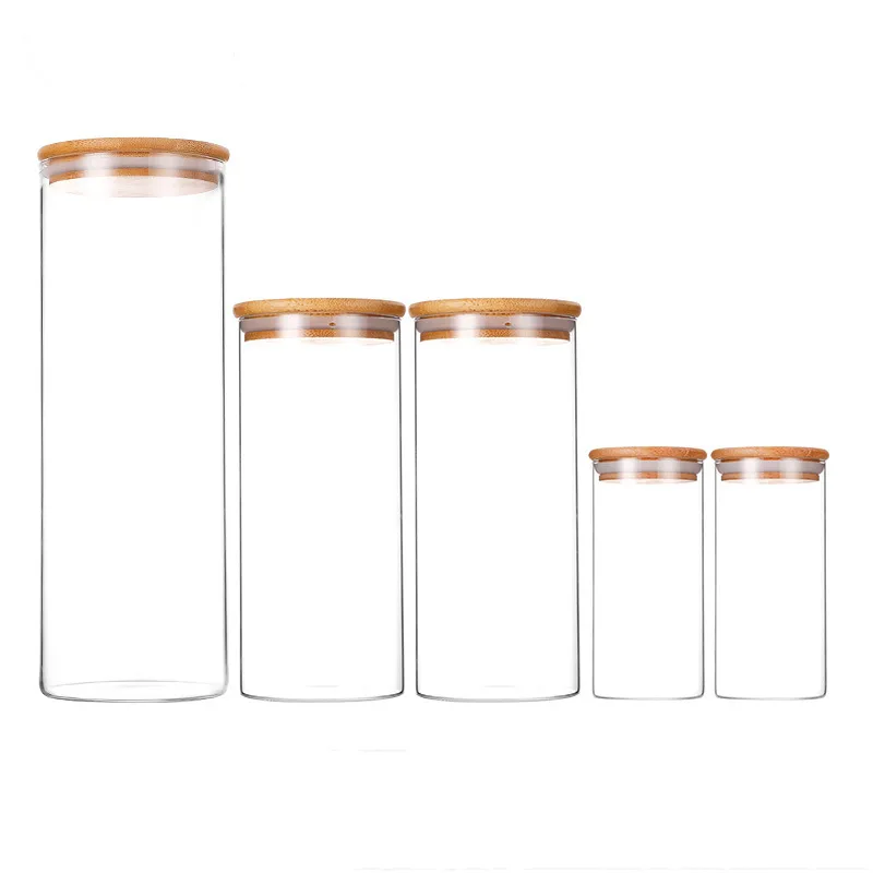 Decorative Empty Kitchen Storage High Borosilicate Glass Jars Set Spice Container Bottles With Bamboo Bottle Spice Bottle