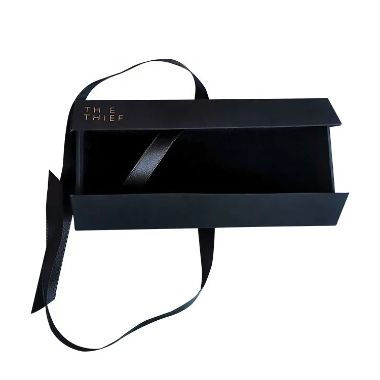 Custom black soft touch paper box gold stamping logo gift box pen packaging with ribbon closure
