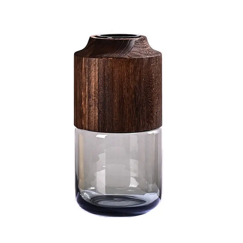 High Quality Rustic Smoked Glass Vase with Premium Wood Top for Centerpieces and Home Decor