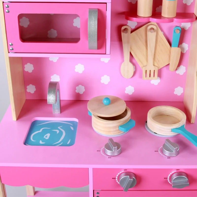 High quality kitchen wooden toys  kids Wooden kitchen toy pink Roleplay kitchen set