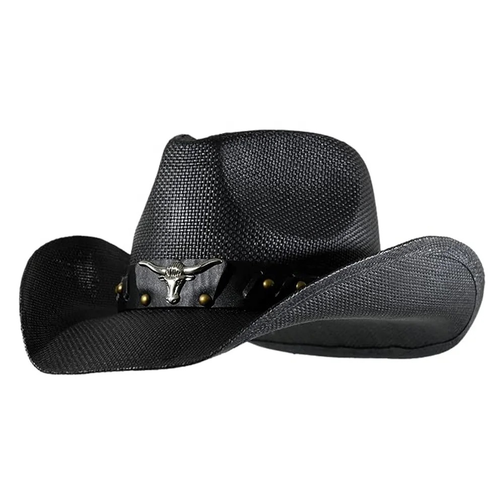Black Western jazz sombreros vaquero boys sun protector unisex sombrero cowboy straw sun hats for men summer
