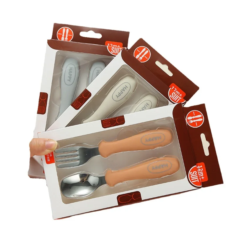 New 316 Stainless Steel Silicone Baby Spoon Fork Baby Feeding Training Cutlery Set