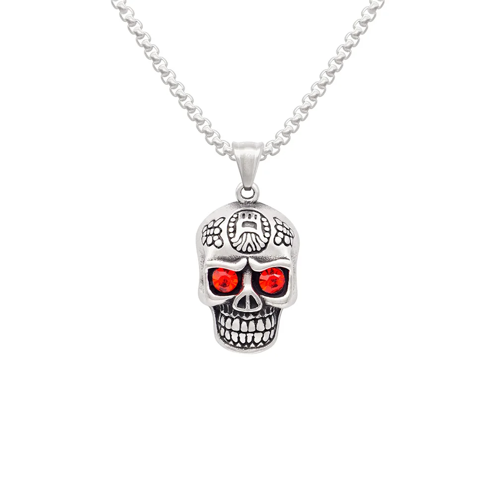 New High Quality Hip Hop Jewelry Stainless Steel Exquisitely Patterned Red Eyes Demon Skull Necklace For Men Women