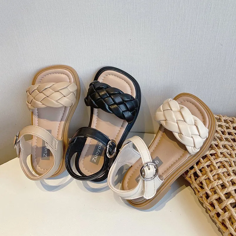 Wholesale Summer 2024 Girls  Flat Sandal Open Toe PU Design Sticker Ankle Strap Anti Slip Kids Sandals