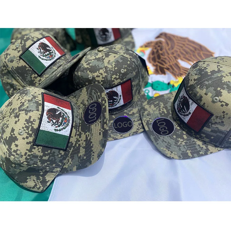 custom tricolor camo 6 Panel mexico Hat  Snapback Cap Adjustable Strap Mexican Flag logo