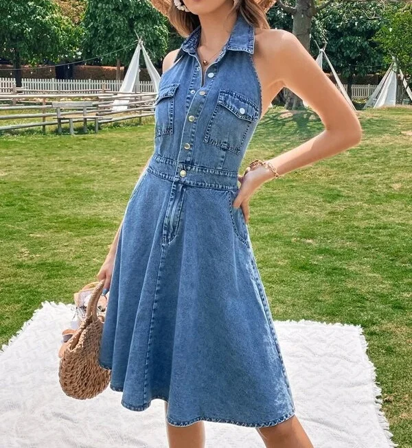 Trendy New Women Flap Pocket Backless Halter Denim Dress Ladies Jeans Dresses