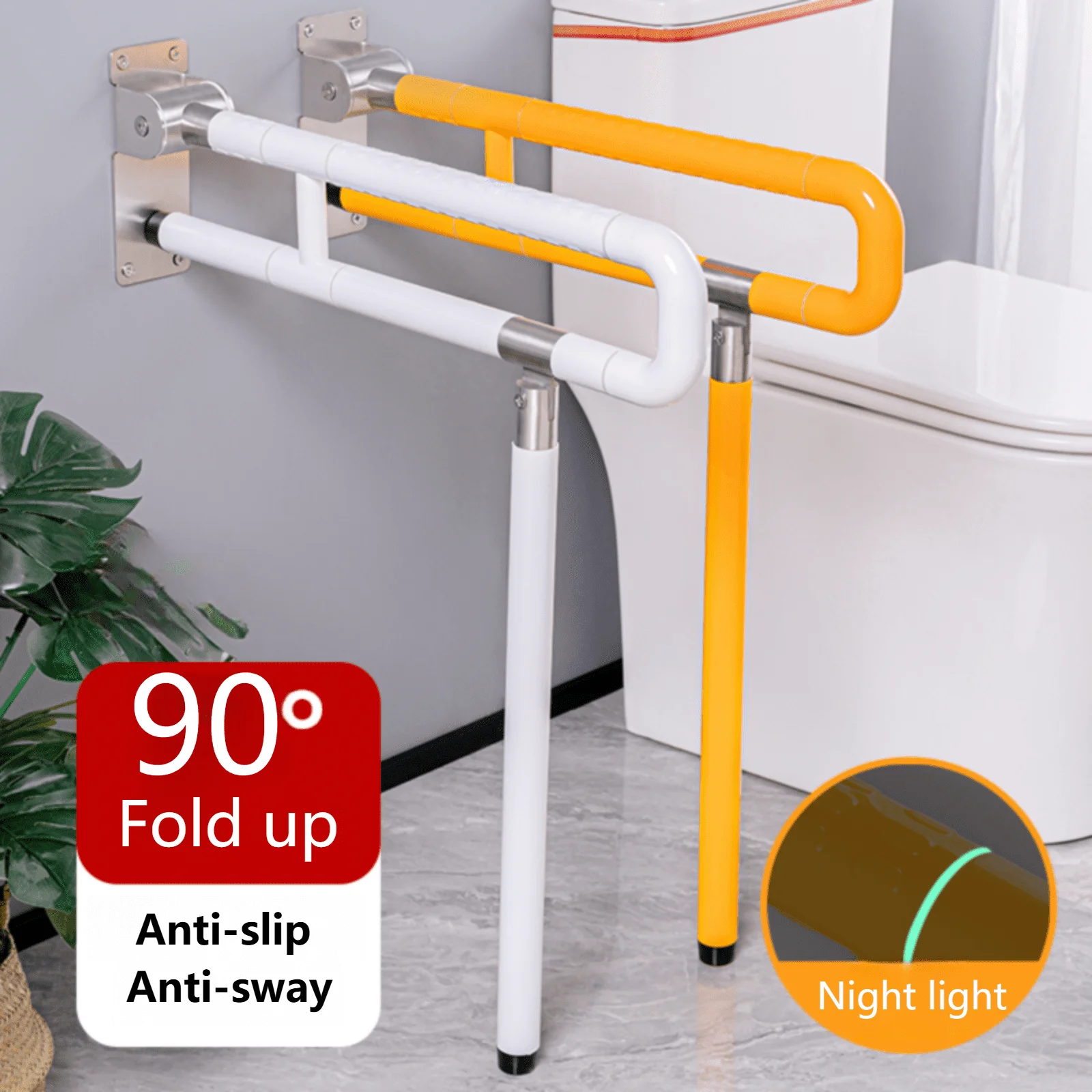 Built-In Thickened ABS Stainless Steel Shower Handrail with Legs Support Flip-Up Grab Bar for Toilet Use for Disabled Elderly