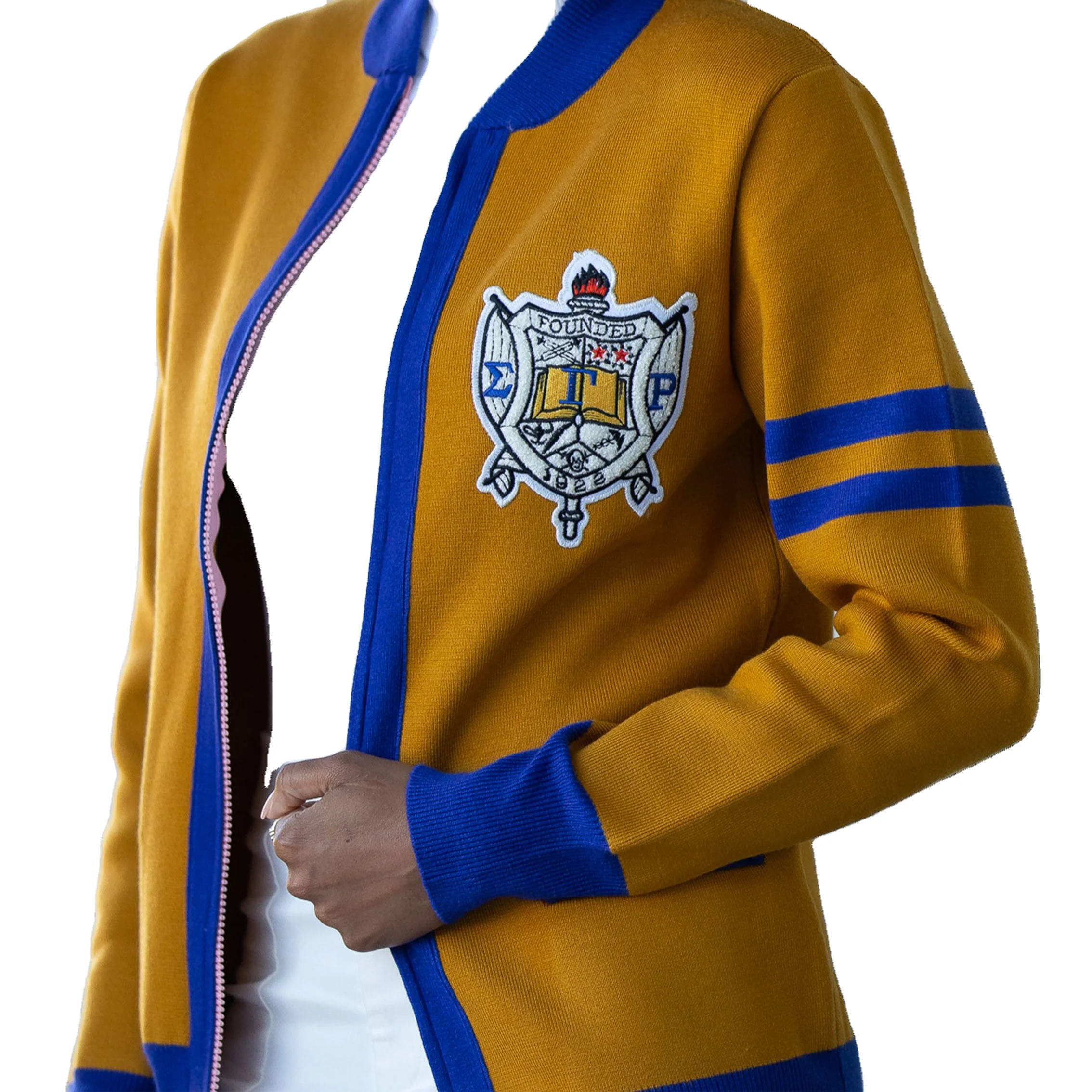 custom OEM ODM manufacturer women sweater knitted Sorority gold royal blue  Old School Classic Cardigan