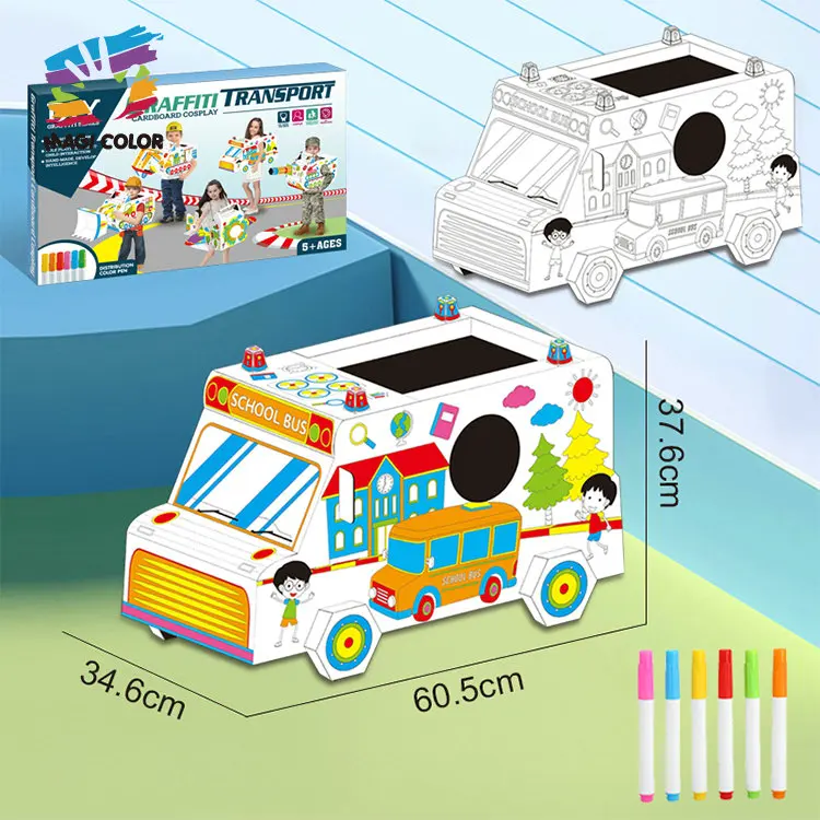 DIY Carton Graffiti School Bus Crafts Doodle Board 3D Puzzle Cardboard Drawing Toys for Kids P20A052