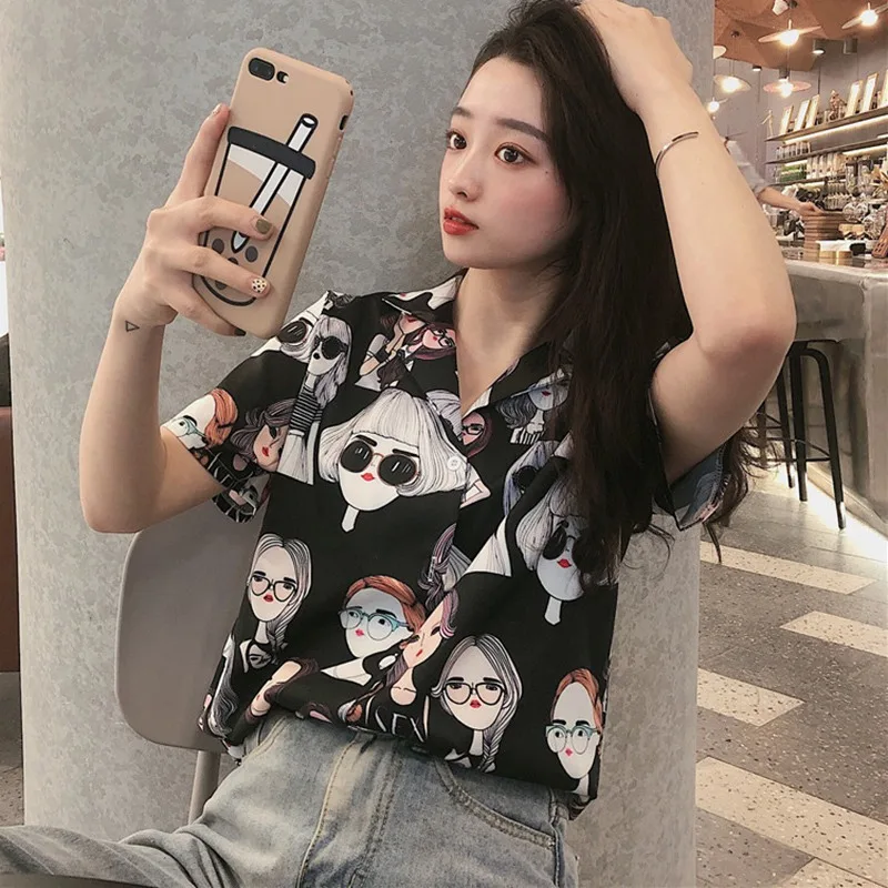 Wholesale Korean Style Women Short Sleeve Floral Printed Casual Hawaiian Shirts Blouses
