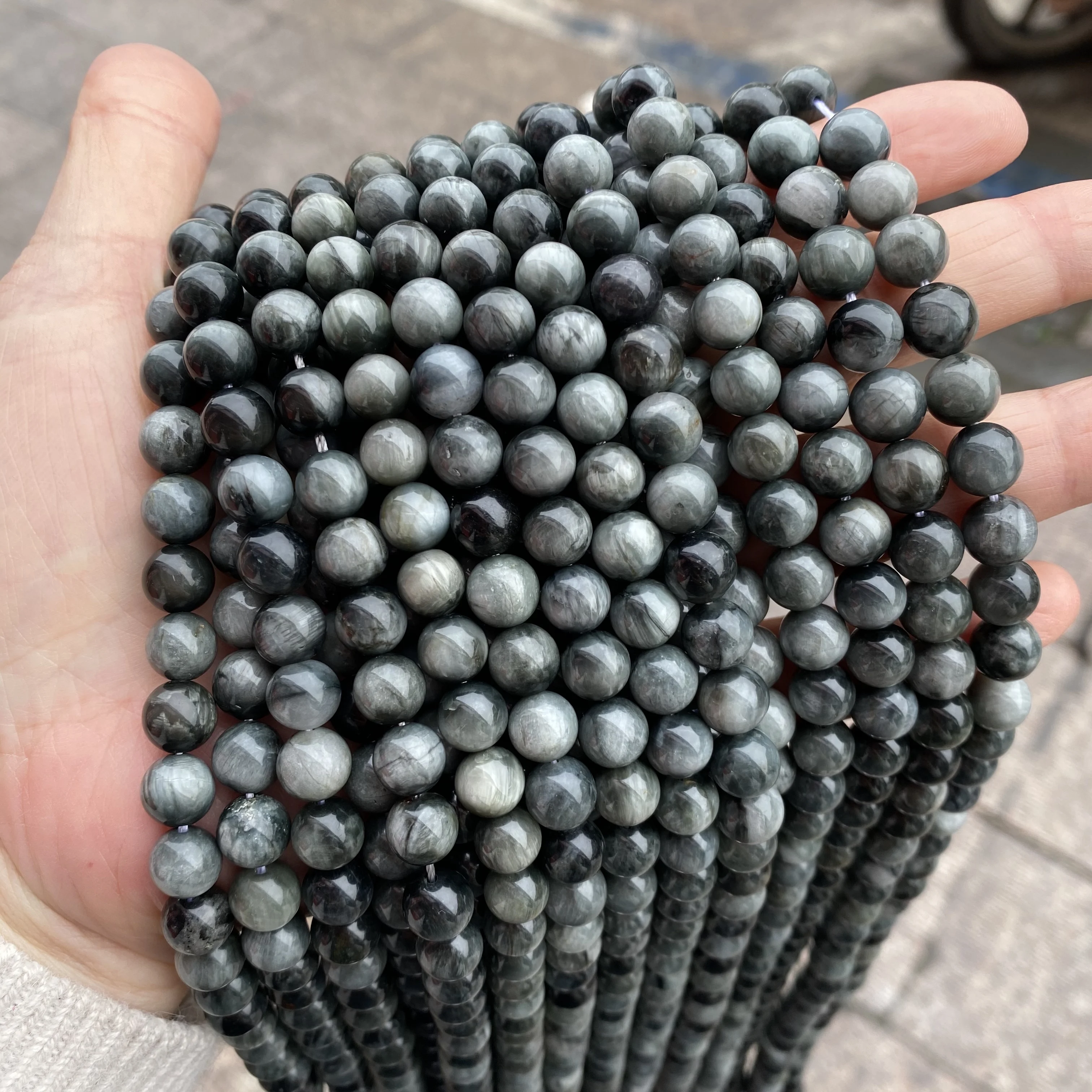 Amazon Natural Stone Beads Gemstone Smooth Loose Round Gray Kyanite Hawk Eye Gray Eagle Eye Stone Beads for DIY jewelry making