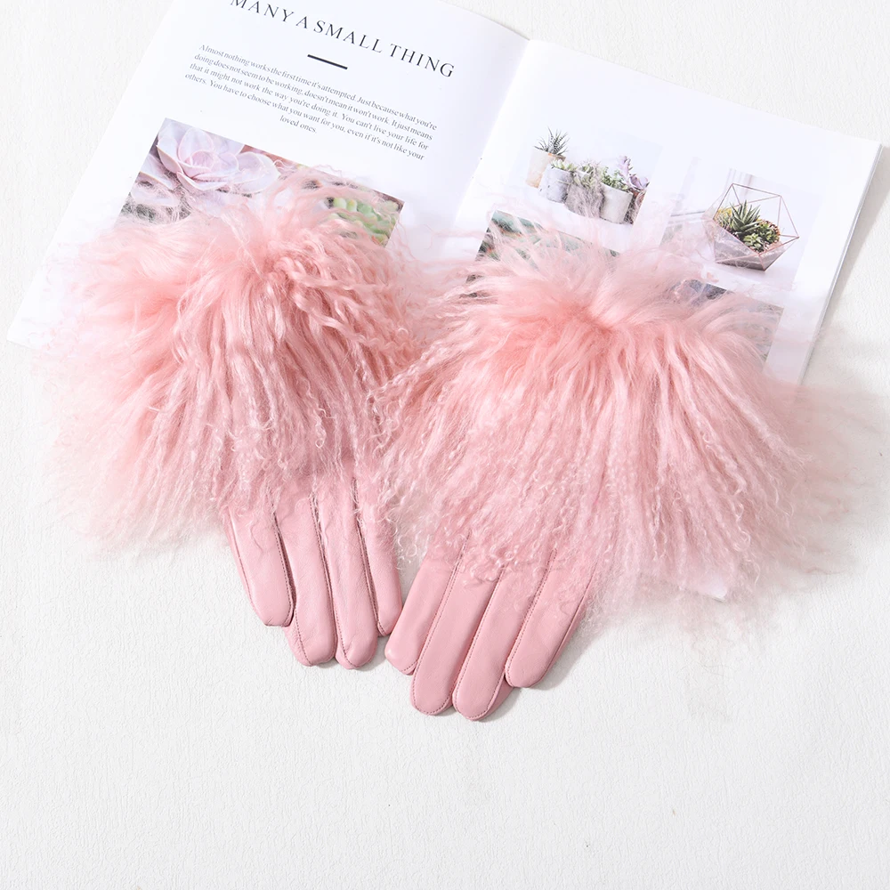Outdoor Motorcycle Driving Wholesale Windproof Winter Genuine Sheepskin Mittens Real Lamb Fur Cuffs Women Custom Leather Gloves