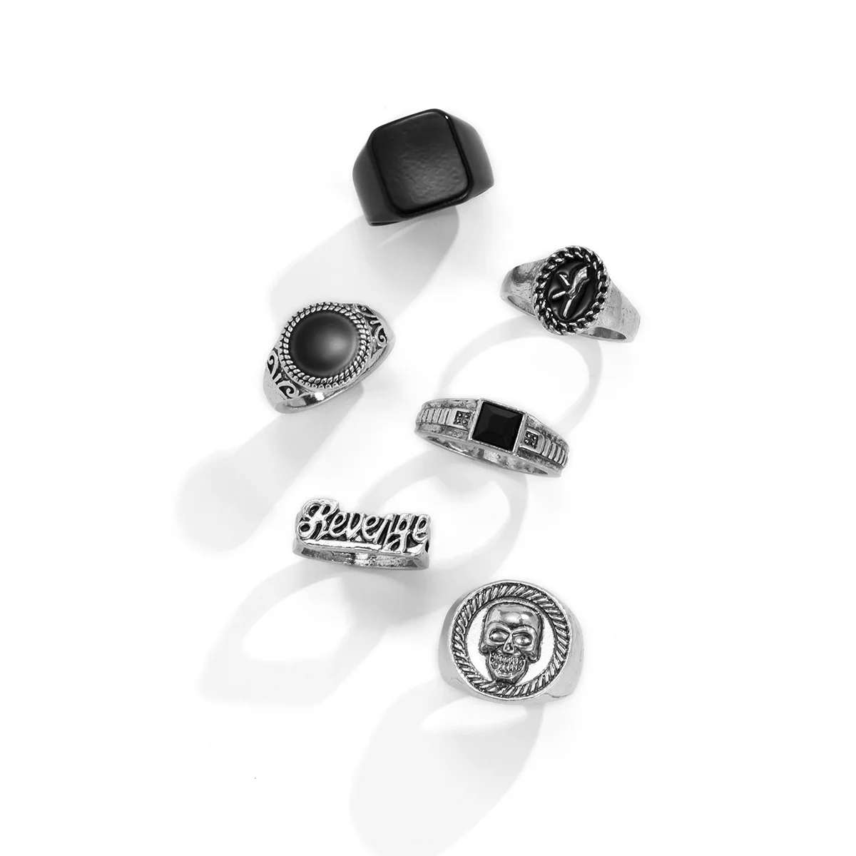 Unisex 6pcs Skull Ring Set Men Revenge Hip Hop Silver Rings Y2k Fashion Jewelry Anillos Mujer Bague Homme