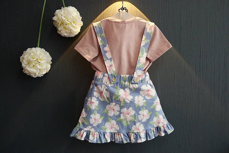 cheap wholesale china clothing kids Small and medium girls clothes set watermelon T-shirt floral strap short skirt 2 piece suit