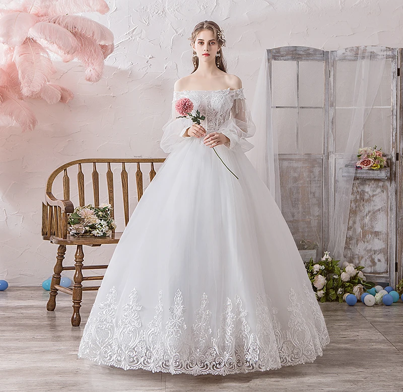 2019 Latest Popular Flat Shoulders Embroidery Pearl Beaded Princess Wedding Gown with Medium Puffy Sleeve
