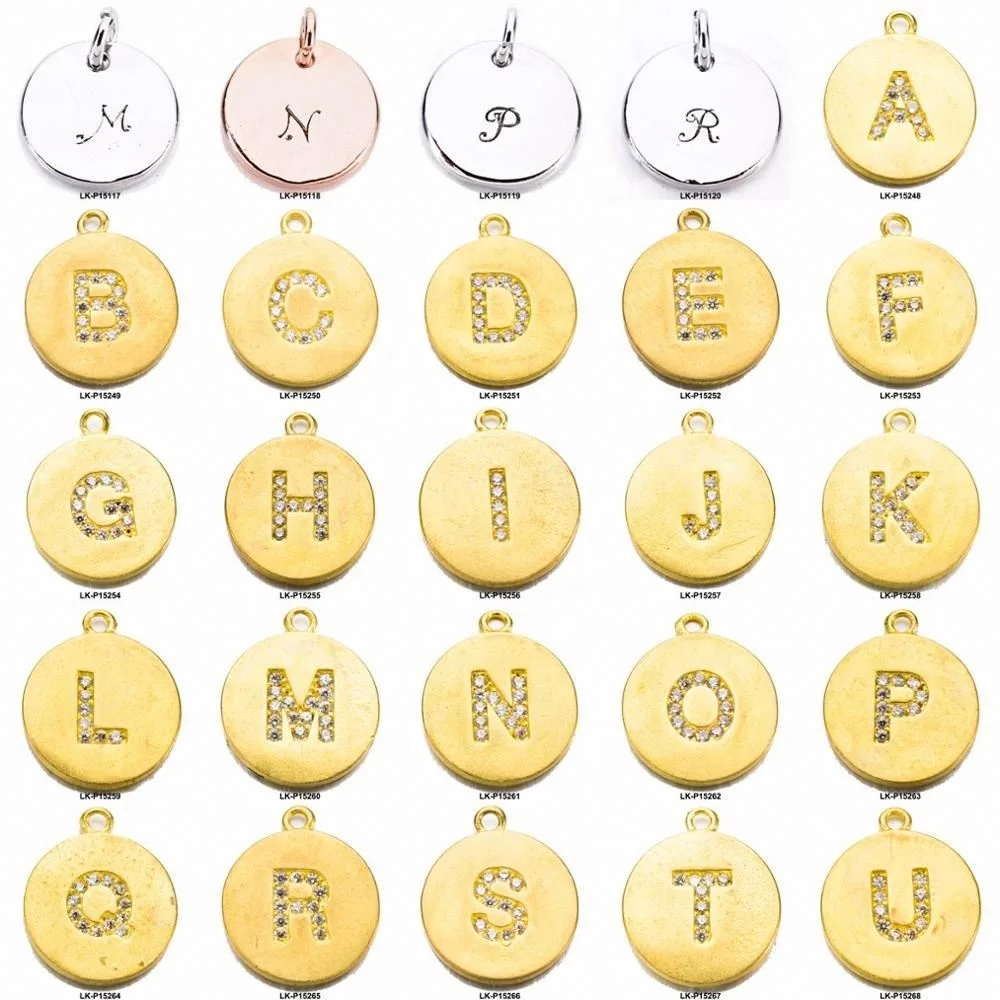 
2021 newest design round shape gold zircon jewelry charm pendant alphabet letter pendant charms with loop 