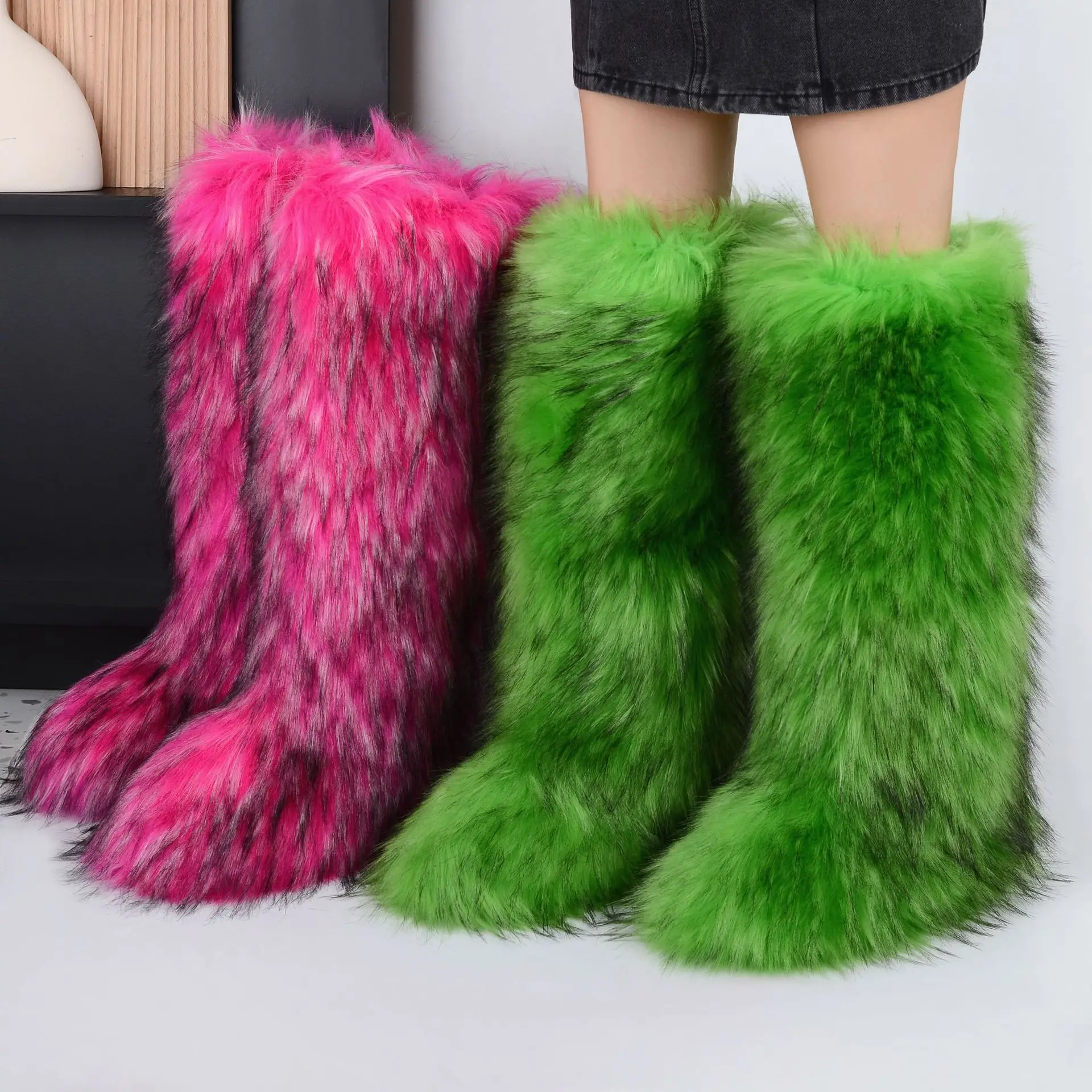 2024 new design luxury ladies winter warm hairy over knee boots faux fur flat casual Mongolian furry snow boots for women