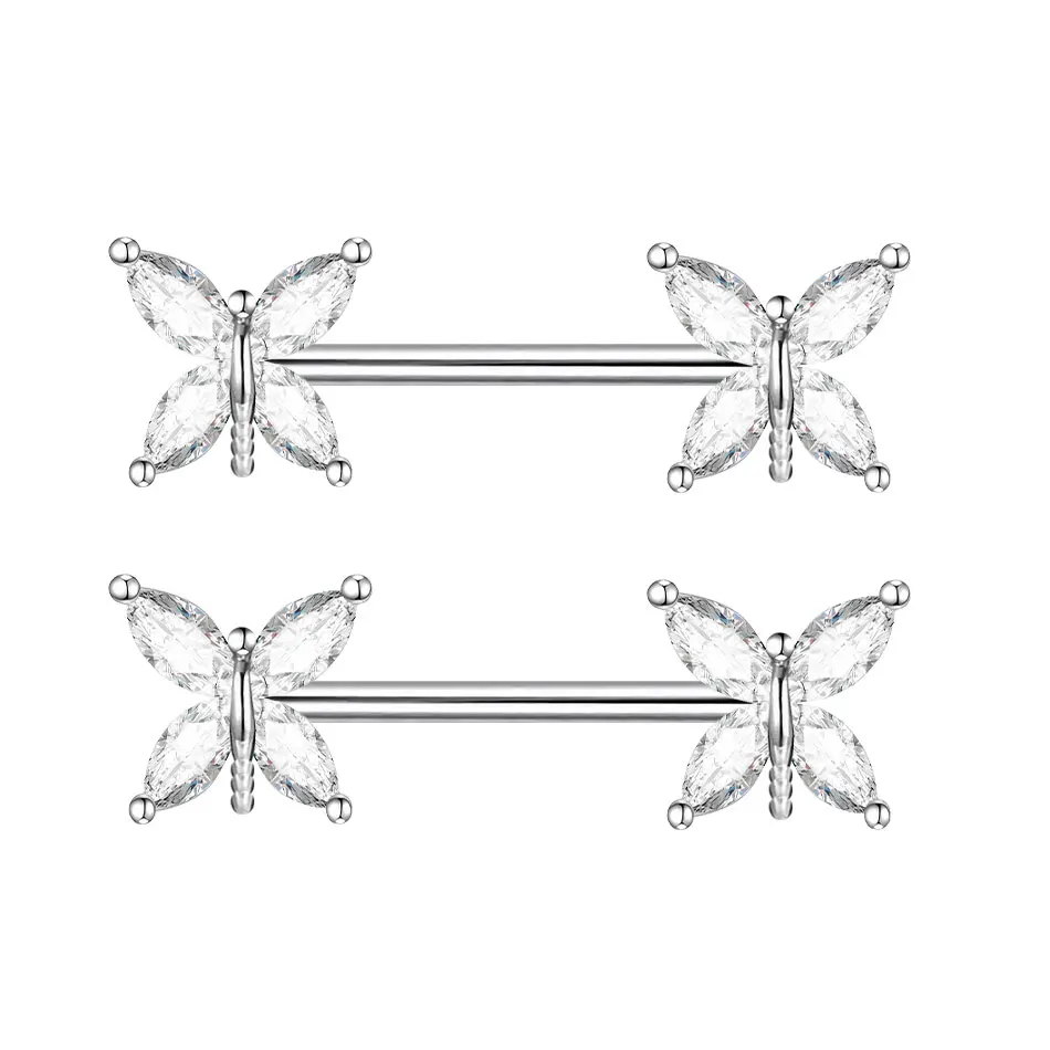 316L Butterfly Crystal Nipple Rings Nipple Piercing Tongue Rings 14G Straight Barbell Surgical Steel for Women Nipple Piercing