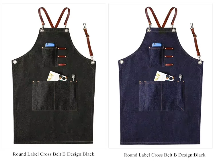 PU Leather Strap Grey Cowboy Mens Cotton Apron Barista Barber Restaurant Floral Grey Customized LOGO Apron