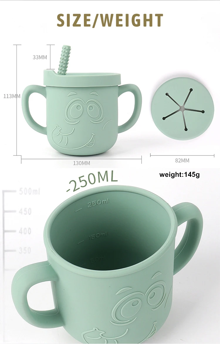 2024 New Arrival Food Grade Silicone Elephant Design Baby Drinking Sippy Cup with 2 Lid Set Straw Lid & Snack Lid for  Toddlers