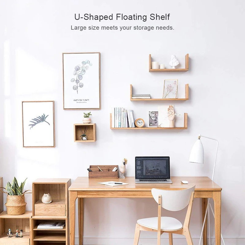 New design wooden floating U shaped wall shelves photo frame display wall mount shelf for living room