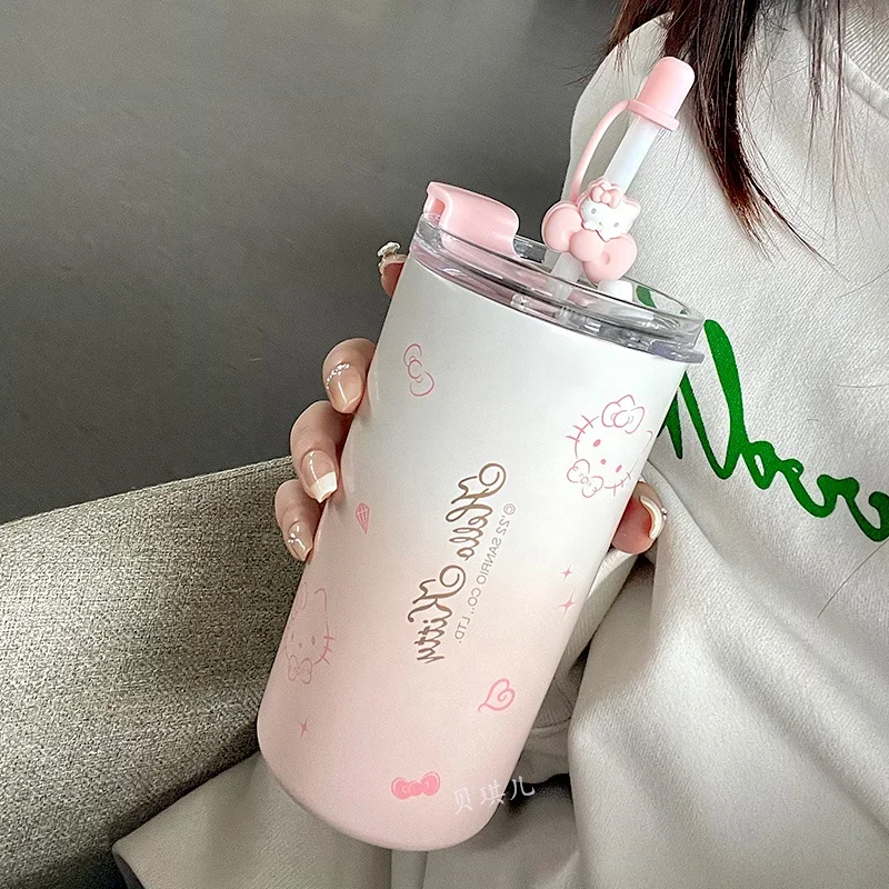 sanrios Kawaii kt Water Cup Student Cartoon Anime 480ML Portable Straw Direct Drink Thermos Cup Office Coffee Cup Gift
