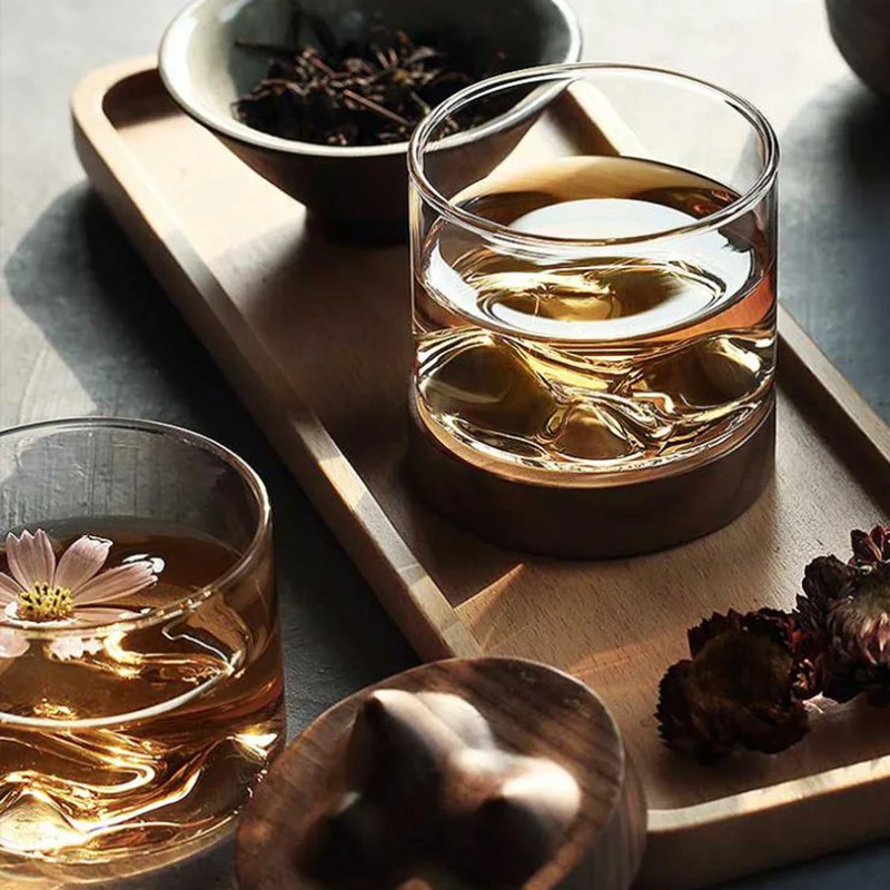 SOLHUI  Mountain Fuji Style Whiskey Glass with Wooden Bottom Wine Glass Teacups For Whiskey