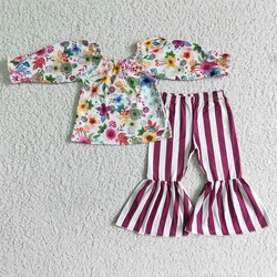 New Arrival Black Ruffles Off Shoulder Casual Tunic Fashion Cow Skull Aztec Hot Pink Bell-pants RTS Baby Girls Outfits