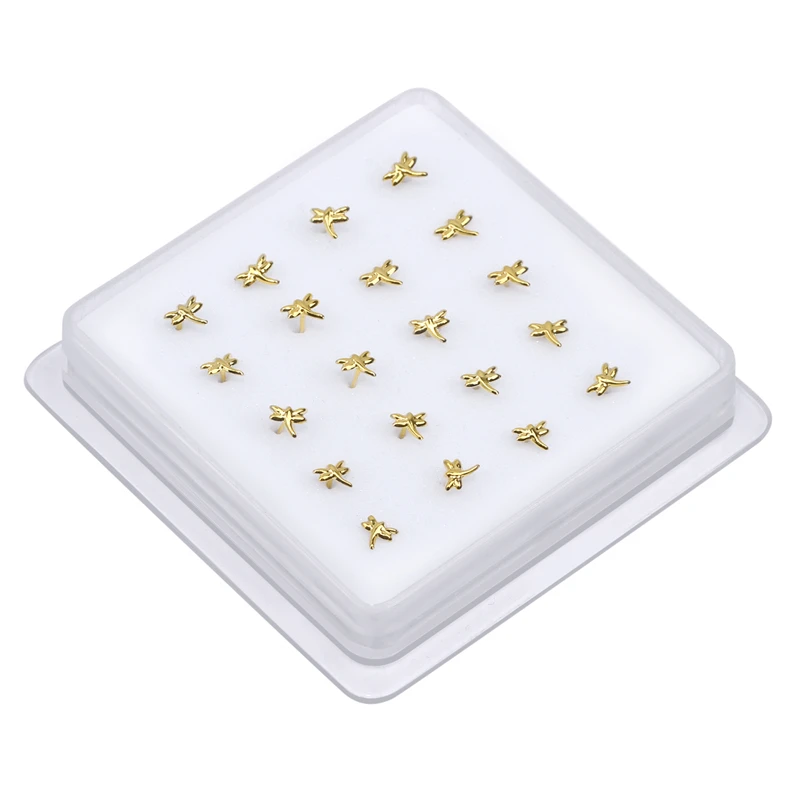 20 PCS Tiny Dragonfly Nose Studs Bendable Soft Ball End Nose Bone Pin Nostril Nose Piercing Boxed Jewelry Wholesale 22G