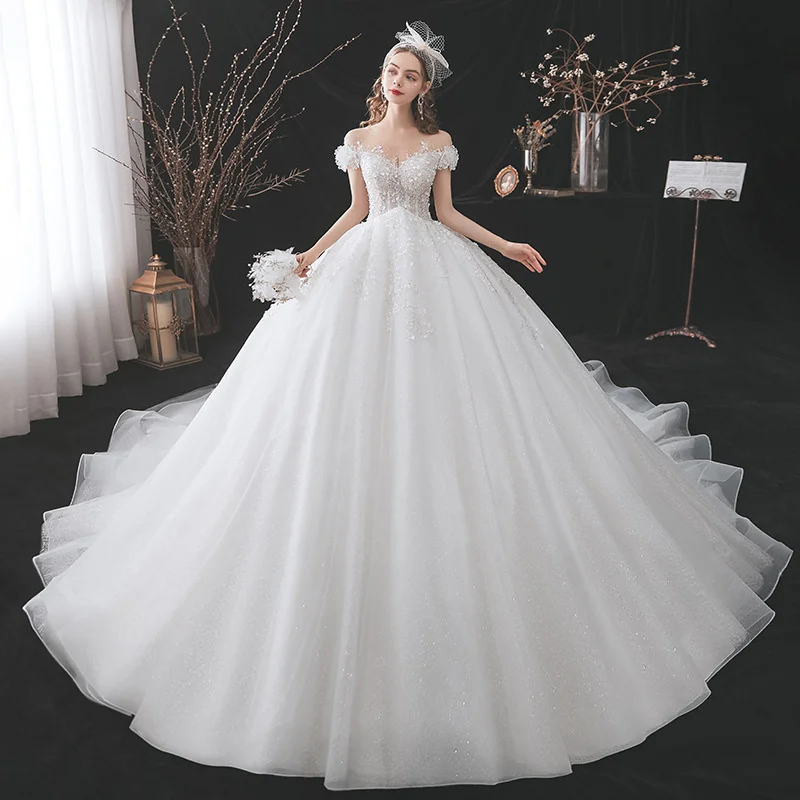 Cheap price wedding dresses with veil purple wedding dresses ball gown short sleeve long trailing  beaded wedding dress sexy