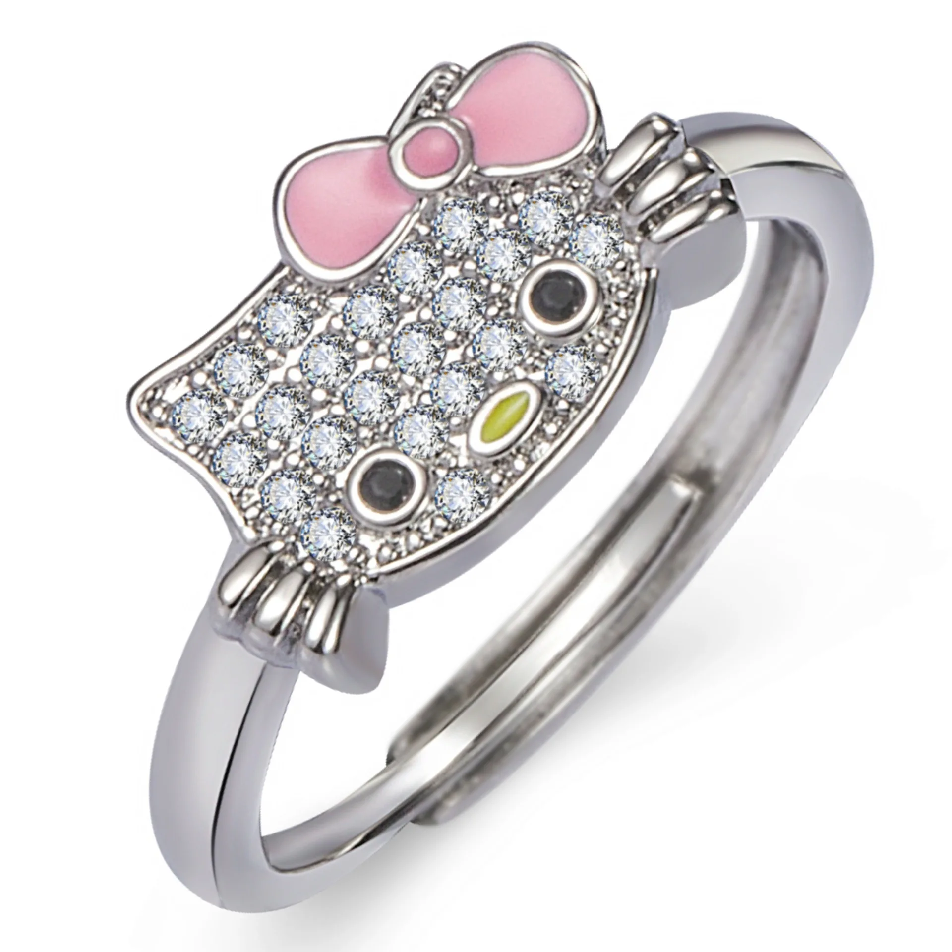 Hello Kitty Полный бриллиантовый бант милое ожерелье серьги и Открытое кольцо женский мультяшный милый котенок комплект ювелирных изделий для женщин