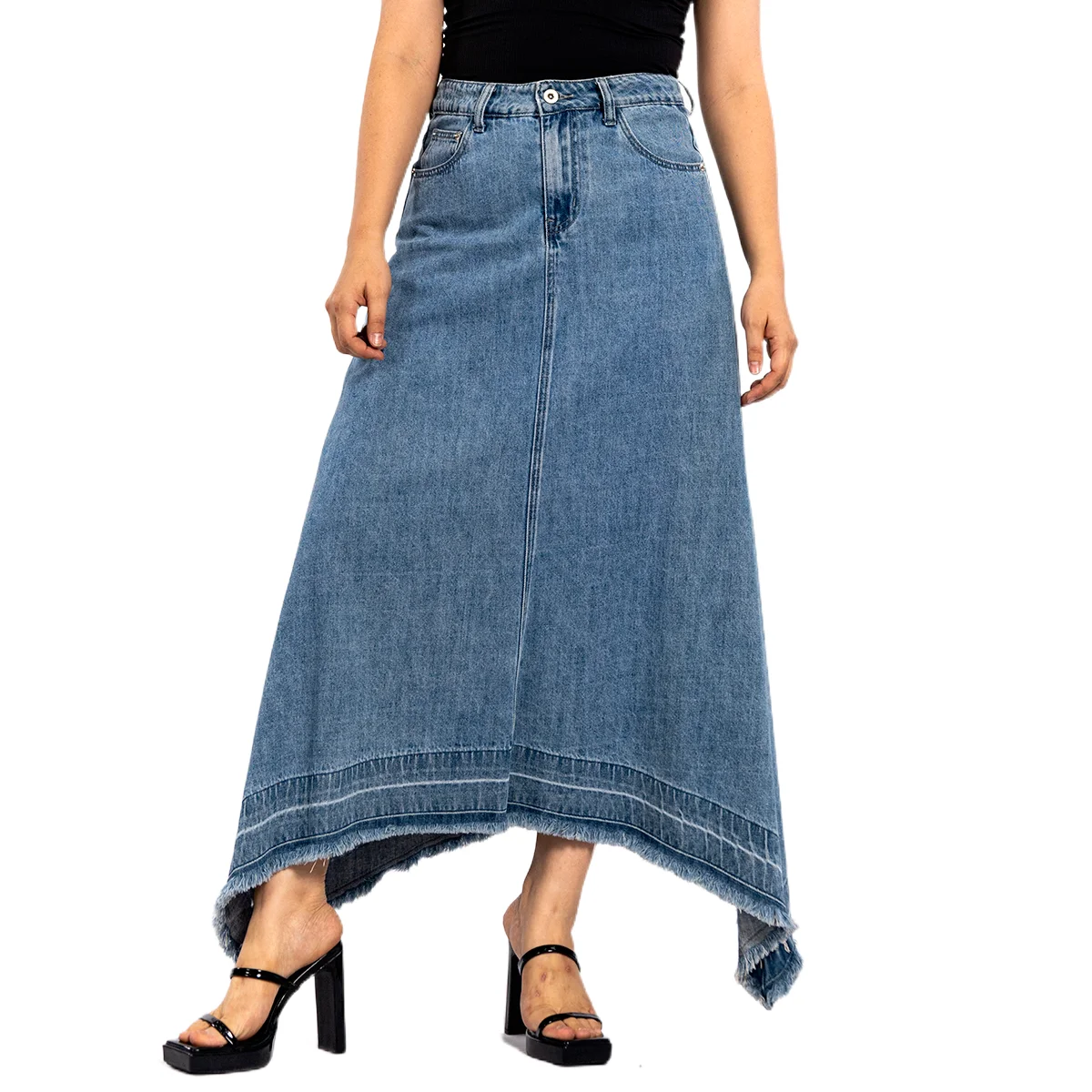 Factory Sale Vintage Asymmetrical Skirt Design Fashion High Waist Raw Edge Long Denim Skirt for Women Fall 2023