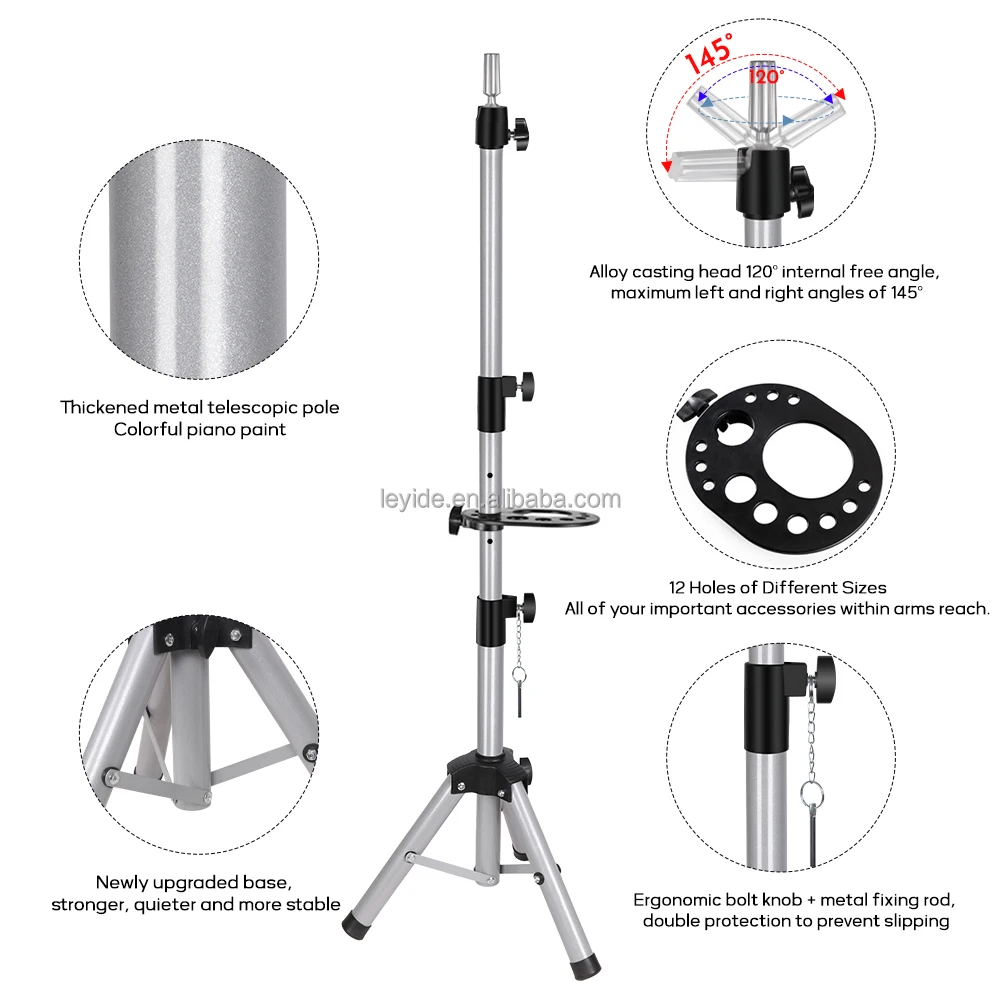 AliLeader New Arrival Multi-Color Metal Adjustable Mannequin Head Wig Stand Tripod with Tray Accessories