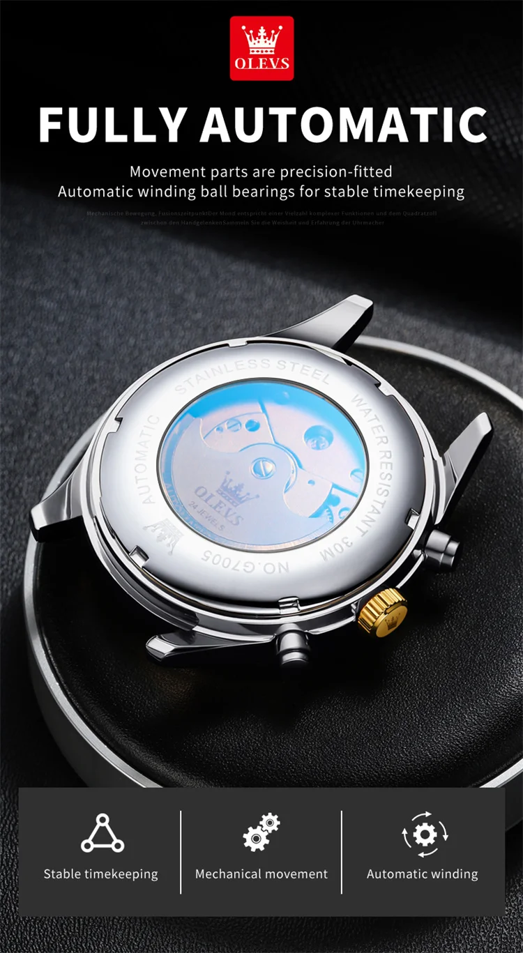 OLEVS 7005 classic dongguan men mechanical watch original Stainless steel band Waterproof automatic storage Casual watch design