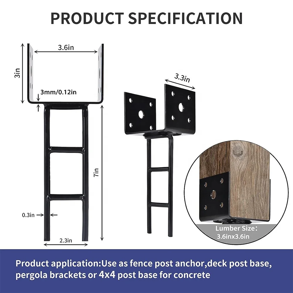 U Shape Post Anchor Metal Black Post Base for Concrete Pergola Deck Post Bracket