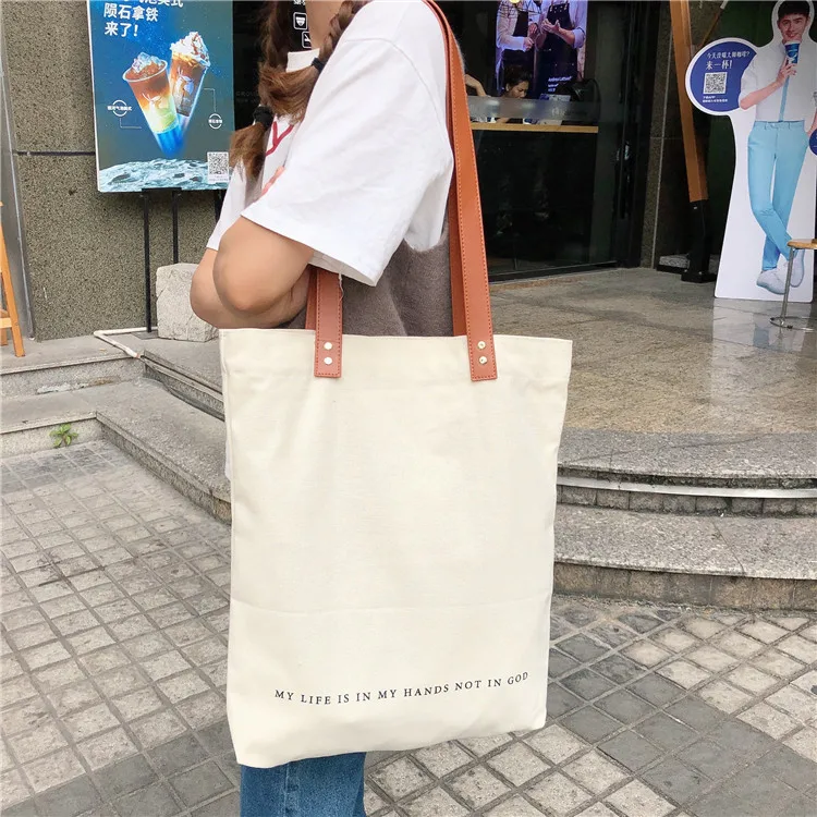 Minimalist Canvas Tote Bag Leather Handle Eco Girls Hand Bag Large Capacity Vintage Tote Bag